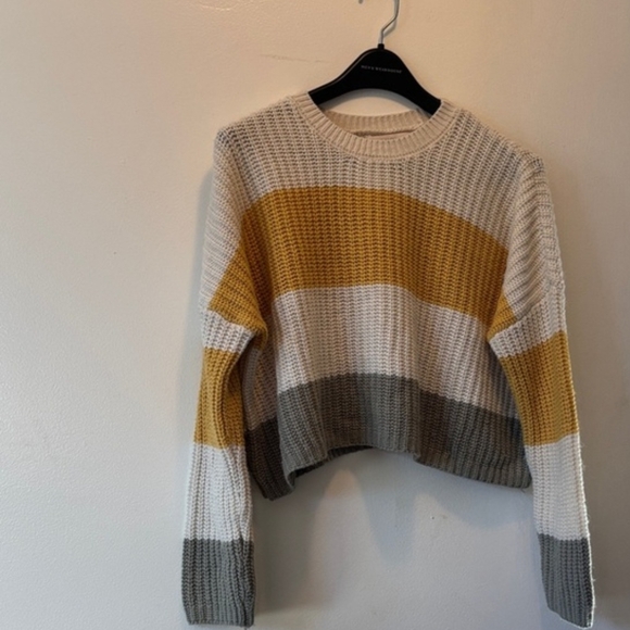 moon & madison Sweaters - moon & madison Cropped Striped Crewneck Sweater in Mustard, Cream & Gray